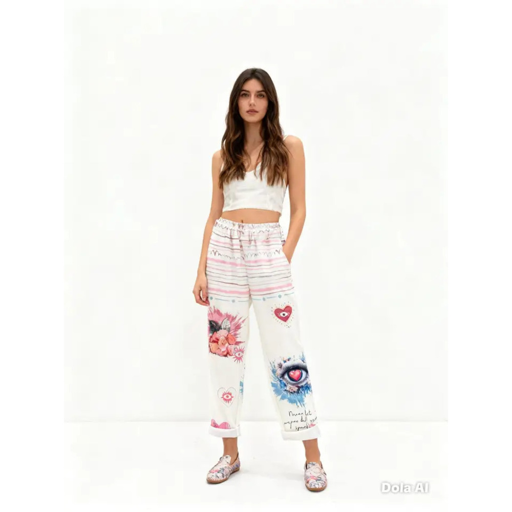 L503 Loowie White Eye Heart Floral Print Pants One Size